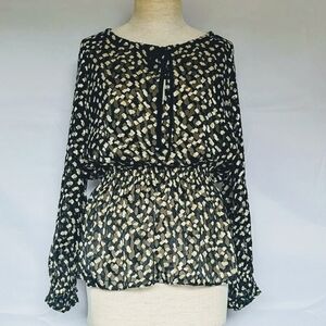 Theory Blouse Top Silk Blend Tie Neckline Gathered Waist Long Sleeve Black L NWT